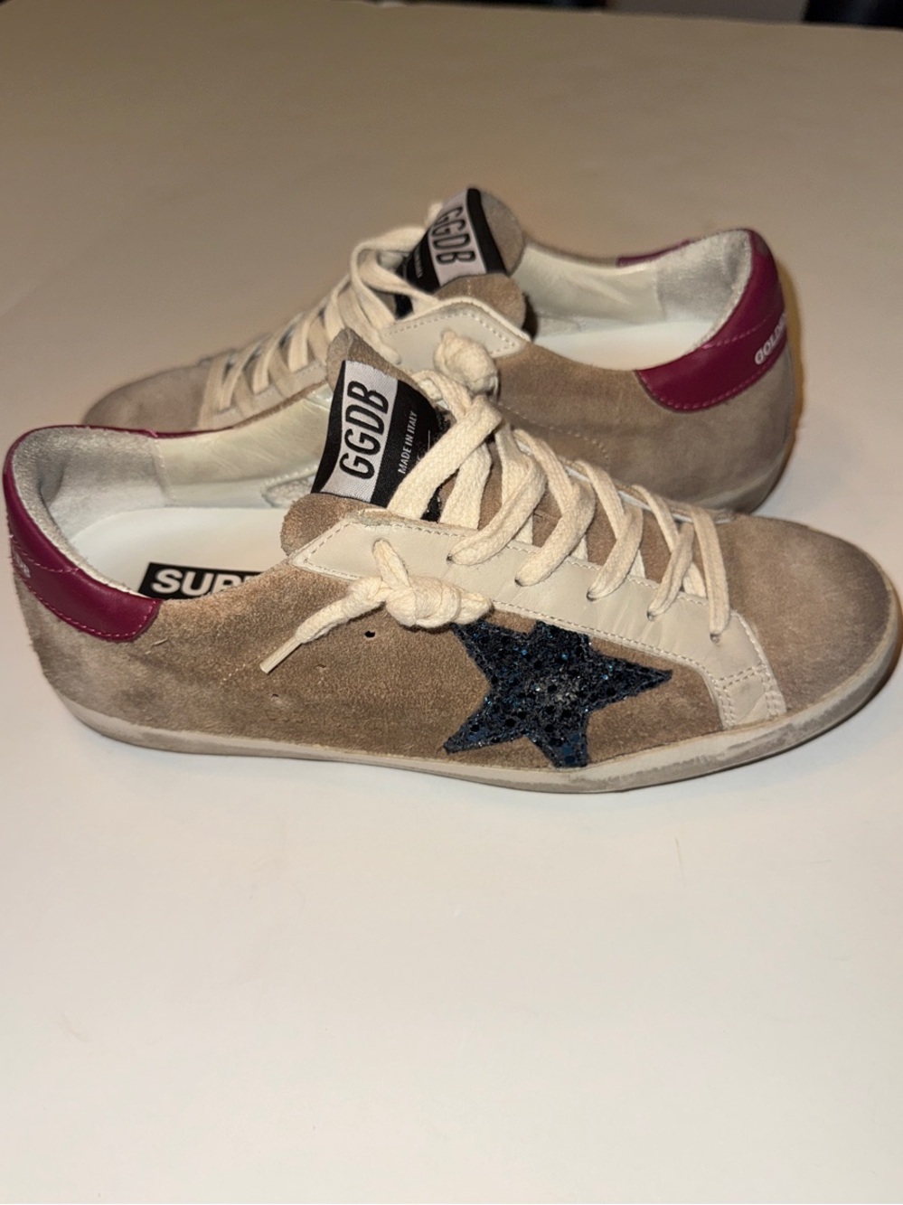 Golden Goose Beige Suede Sneakers with Blue Star & Burgundy Heel Tab 36 EUC